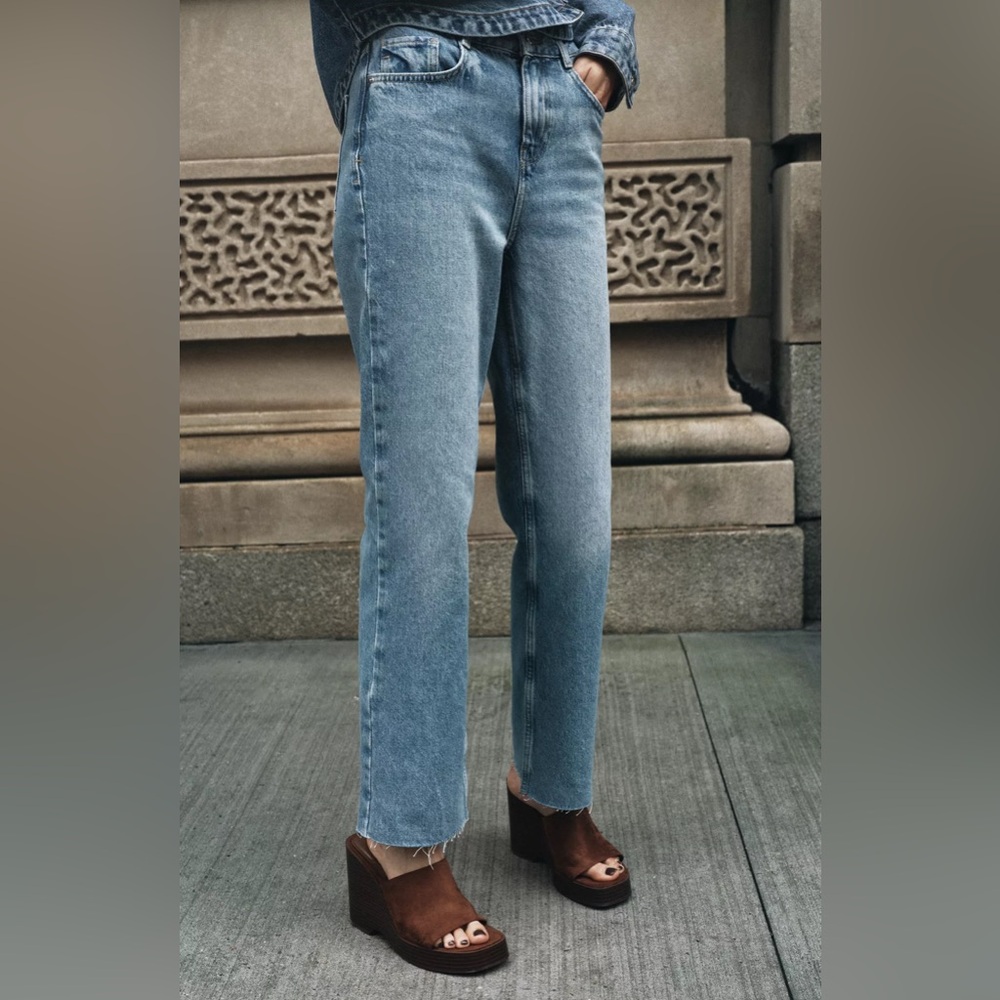 Zara Blue Straight Fit High Waisted Jeans With Raw Hem